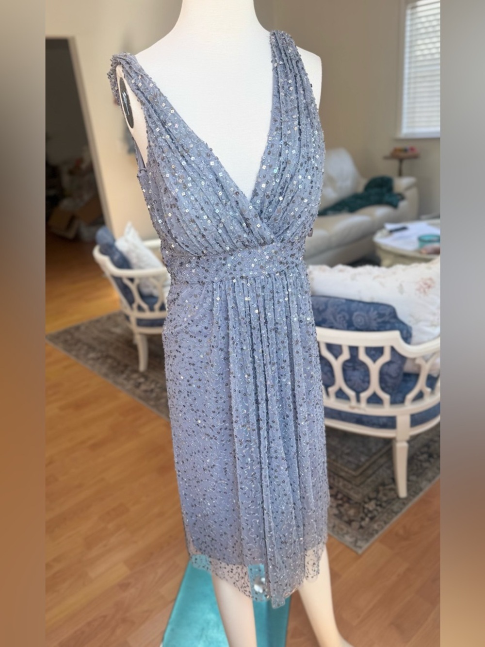 Rickie Freeman for Teri Jon Silver-Blue Sequin V-Neck Midi Dress